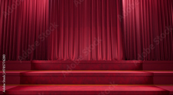 Obraz stairs with red carpet, Red carpet and velvet ropes leading up the staircase.