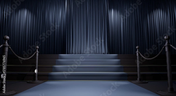 Obraz grey carpet with barrieres leading to black curtains stage