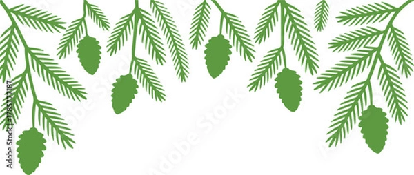 Fototapeta Green spruce branches with pine cones graphic frame design element Vector