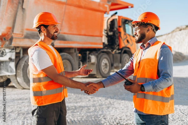 Fototapeta Team, smiling construction workers wearing orange hard hat and vests shaking hands at quarry site