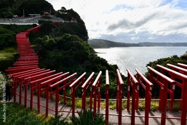 Obraz 日本の山口の赤の鳥居の元乃隅神社