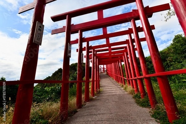 Obraz 日本の山口の赤の鳥居の元乃隅神社