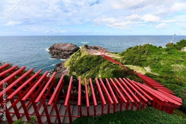 Obraz 日本の山口の赤の鳥居の元乃隅神社