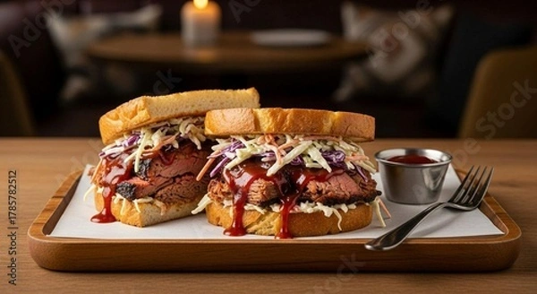 Fototapeta Pulled pork sandwich with BBQ sauce and coleslaw, on wood serving tray