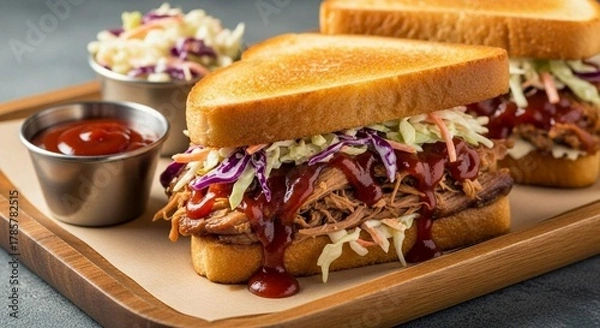 Fototapeta Pulled pork sandwich with BBQ sauce and coleslaw, on wood serving tray