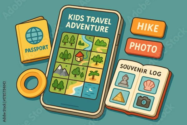 Fototapeta Kids travel adventure game with passport and souvenir log