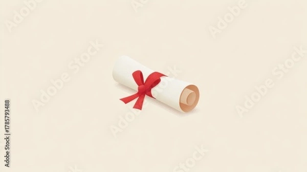 Obraz A rolled diploma tied with a red ribbon rests on a neutral background, symbolizing achievement and academic success.