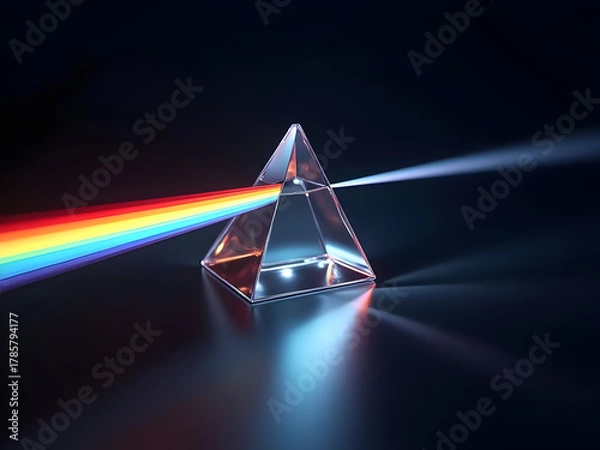 Fototapeta Ultra-realistic prism refracting tariff complexity into economic growth spectrum rays with wavelength measurements on dark gradient optical physics holographic laboratory