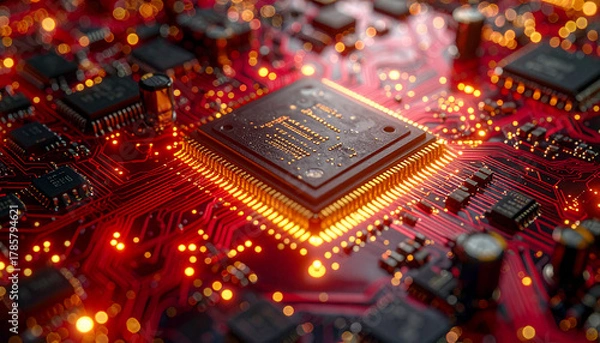 Fototapeta Close-up of a red circuit board with gold components