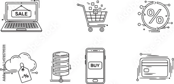 Fototapeta Set of online shopping line icons, e-commerce design elements