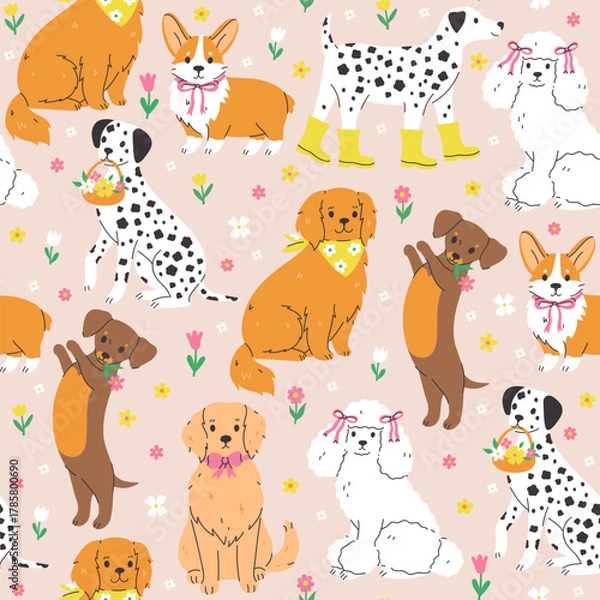 Obraz Seamless pattern with cute spring dogs and flowers. Vector graphics.