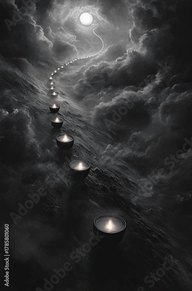 Fototapeta A straight line of glowing candles floating in the sky, seen from above