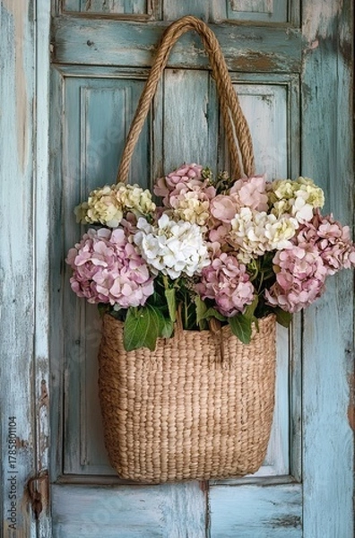 Obraz A straw bag with pastel pink and white flowers on top of an old door
