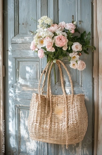 Obraz A straw bag with pastel pink and white flowers on top of an old door