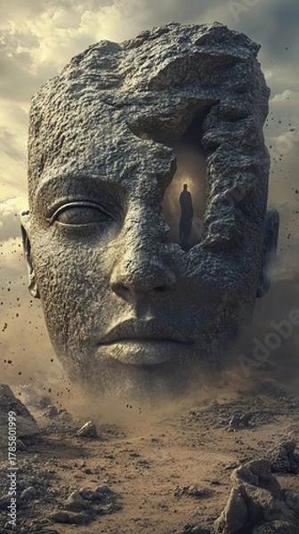 Fototapeta A surreal digital artwork portraying an ancient stone head with the face carved into it