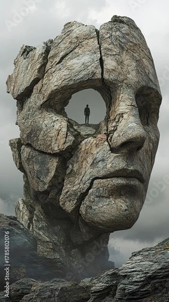Obraz A surreal digital artwork portraying an ancient stone head with the face carved into it