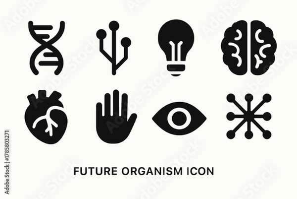 Fototapeta Futuristic icons collection: dna, technology, brain, heart, hand, eye, lightbulb, network