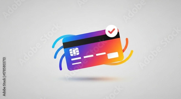 Obraz A vibrant credit card hovers against a soft gray backdrop, adorned with a check mark, symbolizing secure and successful transactions