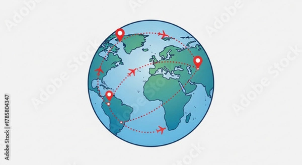 Obraz World travel concept earth globe with airplane flying around, destination point vector illustration for tourism