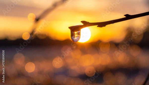 Fototapeta Water droplet reflecting sunset on a snowy branch