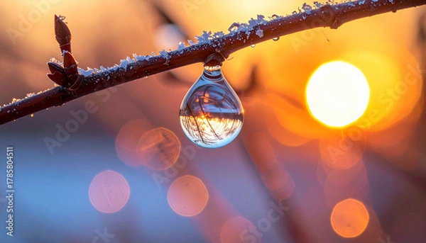 Fototapeta Water droplet reflecting sunset on a snowy branch