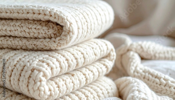 Fototapeta Close-up of knitted cream blankets stacked together