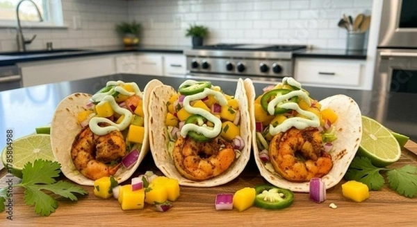Fototapeta Shrimp tacos with mango salsa and cilantro cream