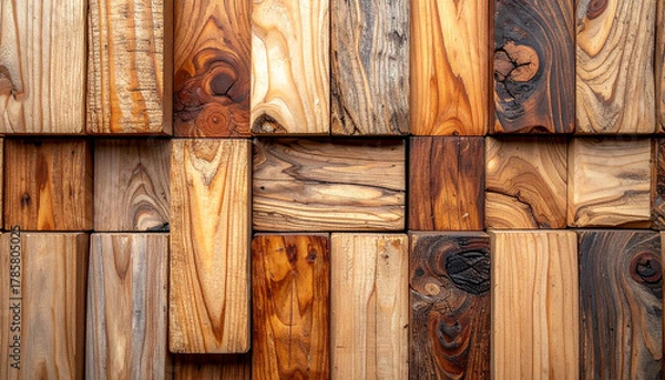 Fototapeta Close-up of wooden planks with varying textures and finishes