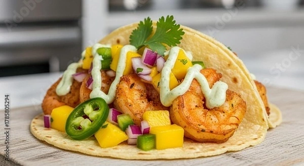 Fototapeta Shrimp tacos with mango salsa and cilantro cream