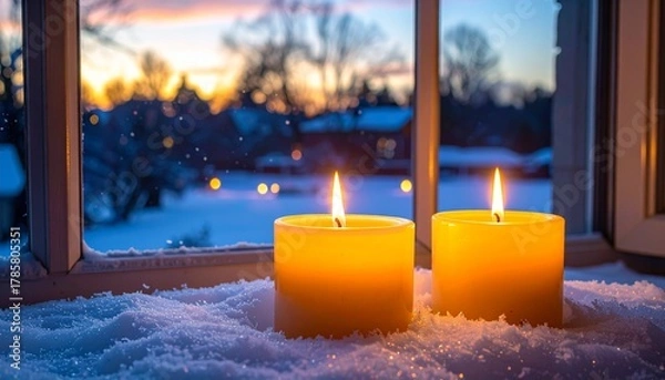 Fototapeta Two candles glowing in the snow at sunset