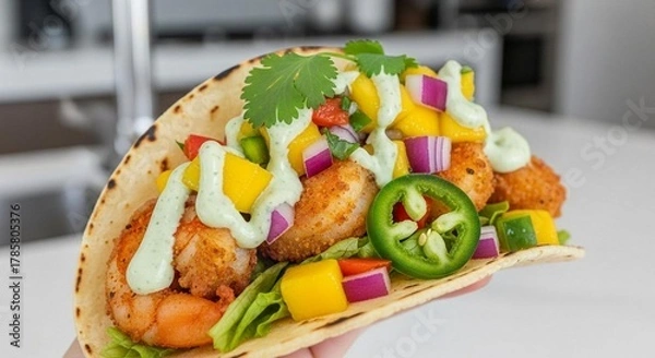 Fototapeta Shrimp tacos with mango salsa and cilantro cream