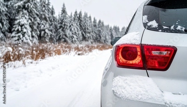 Fototapeta Car parked on snowy road with pine trees