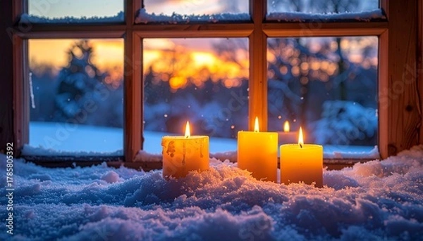 Fototapeta Two candles glowing in the snow at sunset