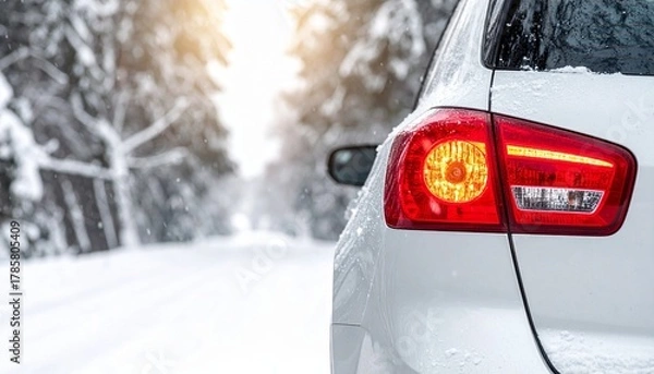 Fototapeta Car parked on snowy road with pine trees
