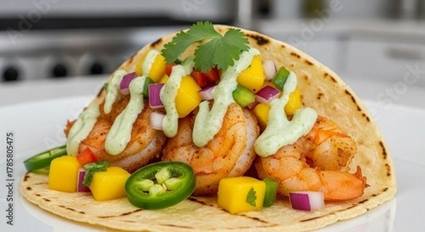 Fototapeta Shrimp tacos with mango salsa and cilantro cream