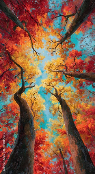 Fototapeta Vibrant autumn colors seen from below tall trees in a serene forest setting