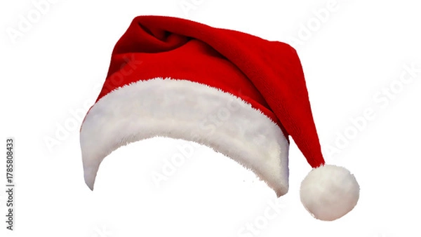 Fototapeta Classic Red Santa Hat Three-Quarter View Isolated on Transparent Background PNG, Realistic Fluffy Christmas Cap