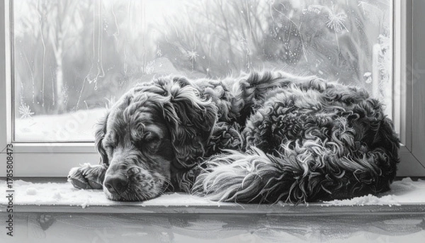 Fototapeta Dog sleeping on a windowsill with snow outside