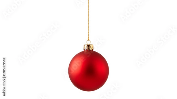 Fototapeta Single Red Matte Christmas Ball Ornament Hanging on Gold String Isolated PNG | Elegant Festive Decoration