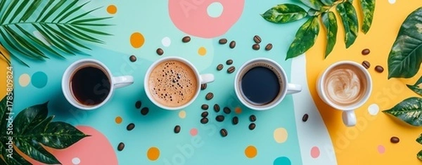 Fototapeta aesthetic coffee flatlay with vector mugs, beans, and plants on colorful tabletop, flat design vector art 