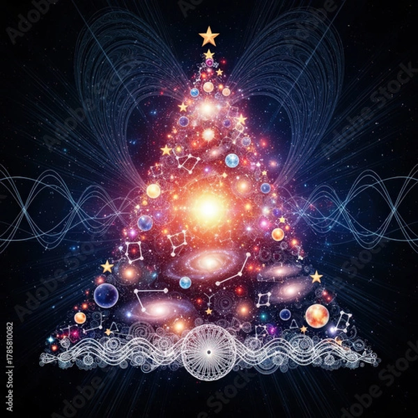 Obraz Futuristic, surreal Christmas Tree formed by stars and galaxies, symbolizing the cosmic celebration of light and connection.eps