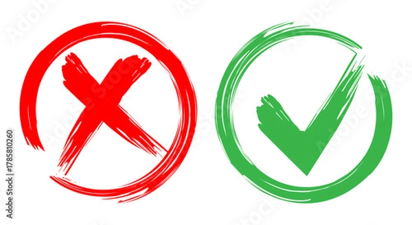 Obraz Tick and cross brush signs,green check mark ok and red x icons
