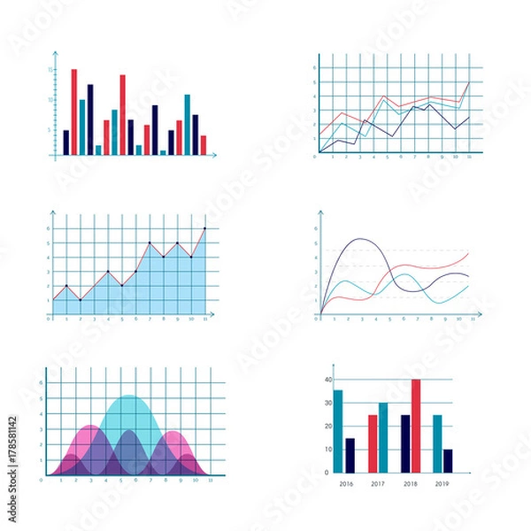 Fototapeta Business data market elements dot pie bar charts diagrams and graphs flat icons set. Statistic and data, information infographic. Isolated on a white background.