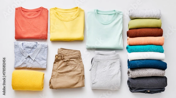 Obraz Pile de vêtement sur fond blanc vue du dessus