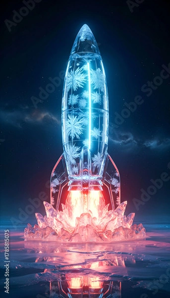 Fototapeta Space Travel Winter Fantasy - Futuristic Ice Rocket Sculpture – Neon Blue Crystal Design in Sci-Fi Luxury Style