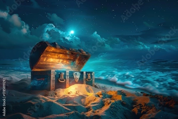 Obraz Glowing Pirate Chest on Deserted Island under Moonlight - Mystical Stock Image