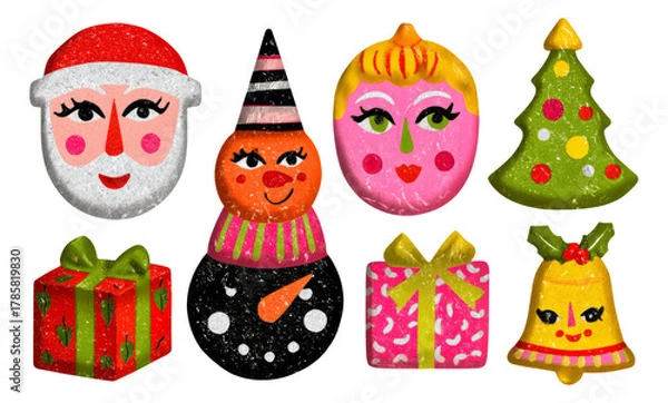 Obraz Colorful and Playful Holiday Illustrations of Santa, Snowman, and Christmas Items