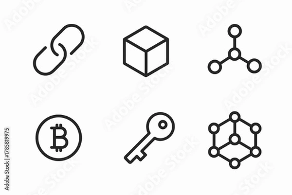 Fototapeta Blockchain and cryptocurrency icon set featuring bitcoin and blockchain concepts
