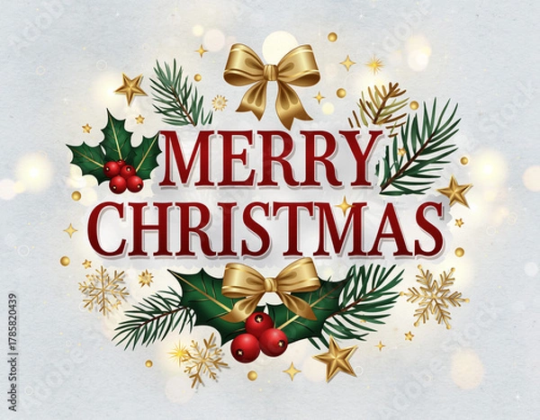 Obraz Merry Christmas Text with Holly Leaves, Golden Bows, Snowflakes and Pine Branches