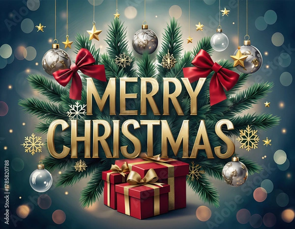 Obraz Merry Christmas Text with Pine Branches, Ornaments and Gift Box Decoration